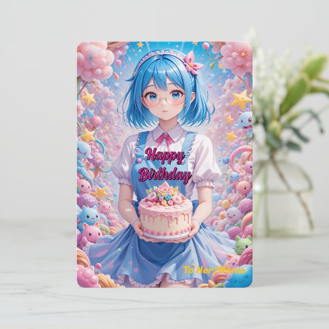 Pastel Kawaii Girl Cake Celebration Card (Standing Front)
