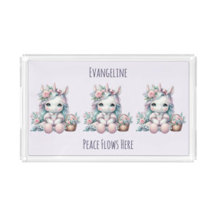 Pastel Kawaii Unicorn Doll with Flower Basket Acrylic Tray