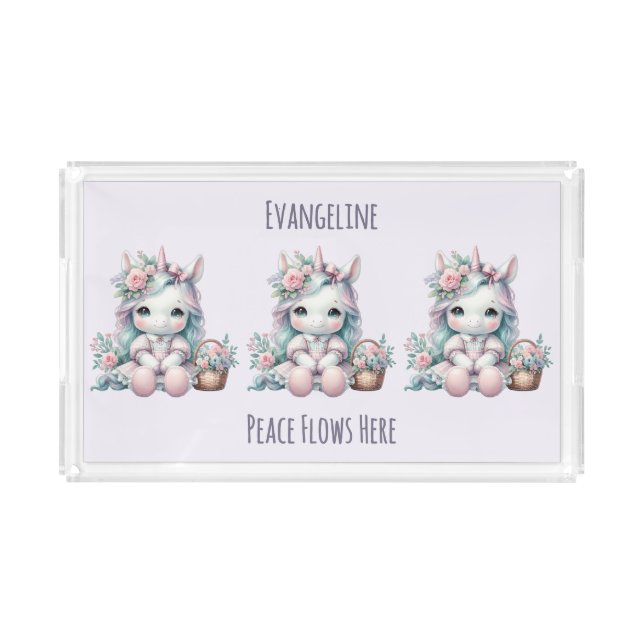 Pastel Kawaii Unicorn Doll with Flower Basket Acrylic Tray (Front)