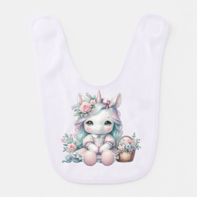 Pastel Kawaii Unicorn Doll with Flower Basket Baby Bib (Front)