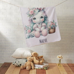 Pastel Kawaii Unicorn Doll with Flower Basket Baby Blanket
