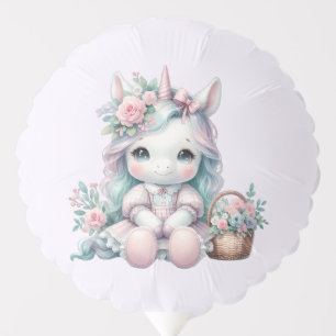 Pastel Kawaii Unicorn Doll with Flower Basket Balloon