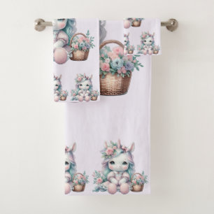 Pastel Kawaii Unicorn Doll with Flower Basket Bath Towel Set