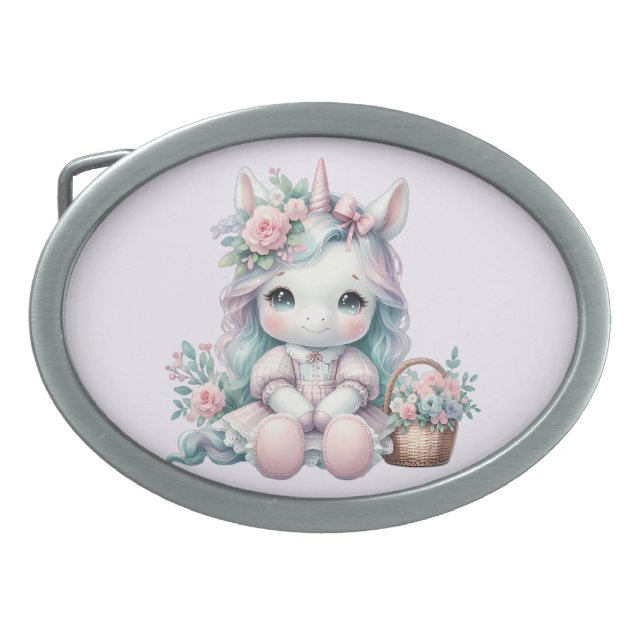 Pastel Kawaii Unicorn Doll with Flower Basket Belt Buckle (Front)
