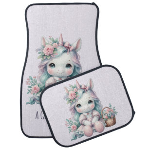 Pastel Kawaii Unicorn Doll with Flower Basket Car Floor Mat