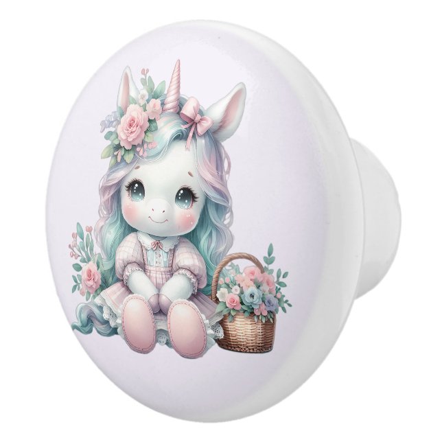 Pastel Kawaii Unicorn Doll with Flower Basket Ceramic Knob (Right)