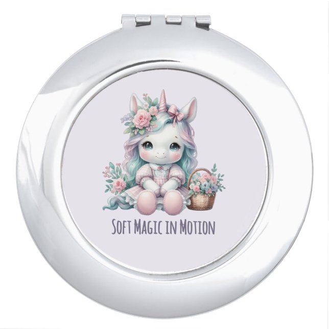 Pastel Kawaii Unicorn Doll with Flower Basket Compact Mirror (Front)