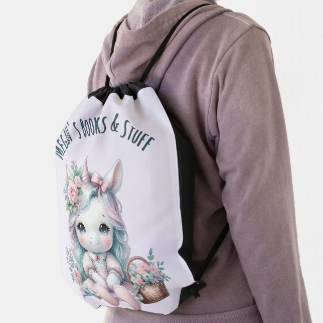 Pastel Kawaii Unicorn Doll with Flower Basket Drawstring Bag (Insitu)