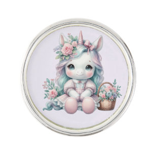 Pastel Kawaii Unicorn Doll with Flower Basket Lapel Pin