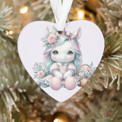 Pastel Kawaii Unicorn Doll with Flower Basket Ornament