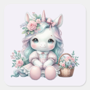 Pastel Kawaii Unicorn Doll with Flower Basket Square Sticker