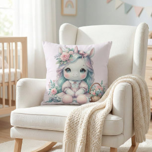 Pastel Kawaii Unicorn Doll with Flower Basket Throw Pillow