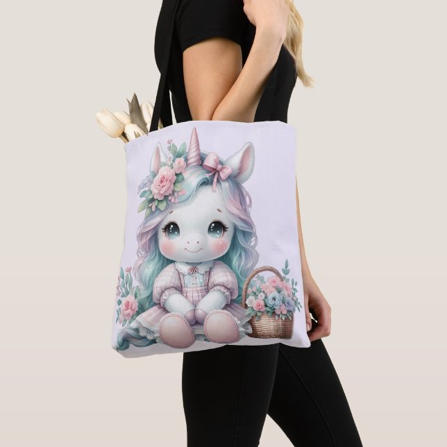 Pastel Kawaii Unicorn Doll with Flower Basket Tote Bag (Close Up)
