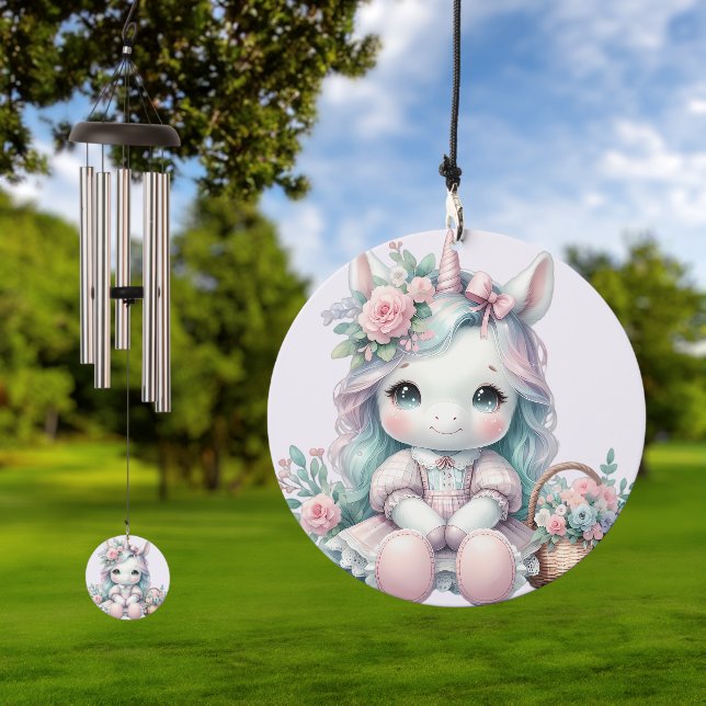 Pastel Kawaii Unicorn Doll with Flower Basket Wind Chime (Outdoor)