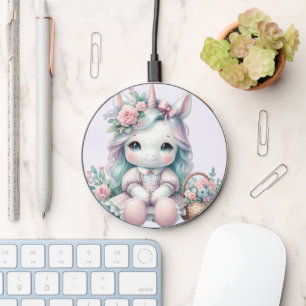 Pastel Kawaii Unicorn Doll with Flower Basket Wireless Charger