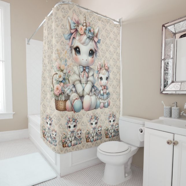 Pastel Kawaii Unicorn Mother Daughter Duo Beige Shower Curtain (In Situ)