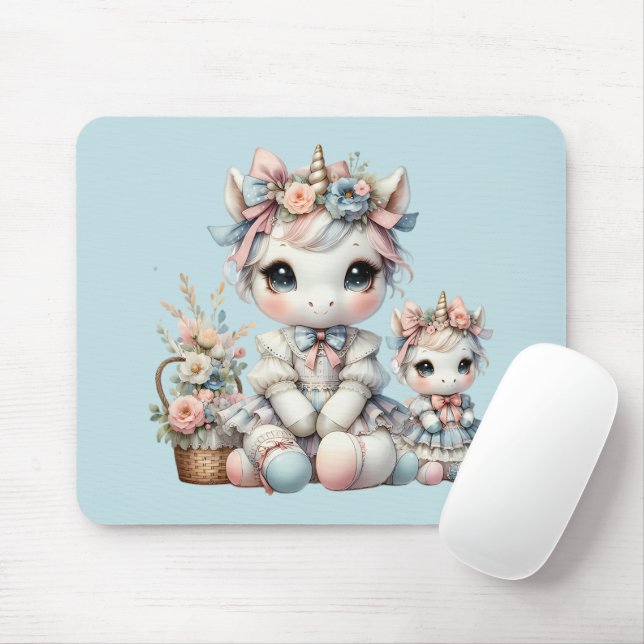 Pastel Kawaii Unicorn Mother Daughter Duo Blue Mouse Pad (With Mouse)