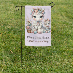 Pastel Kawaii Unicorn Mother Daughter Duo Lavender Garden Flag