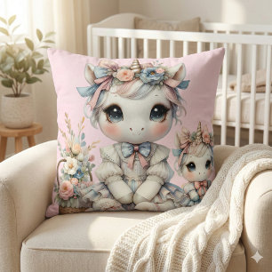 Pastel Kawaii Unicorn Mother Daughter Duo Pink Throw Pillow