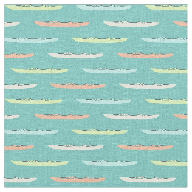 Pastel Kayaks on Teal Kayaking Themed Fabric (Close Up)