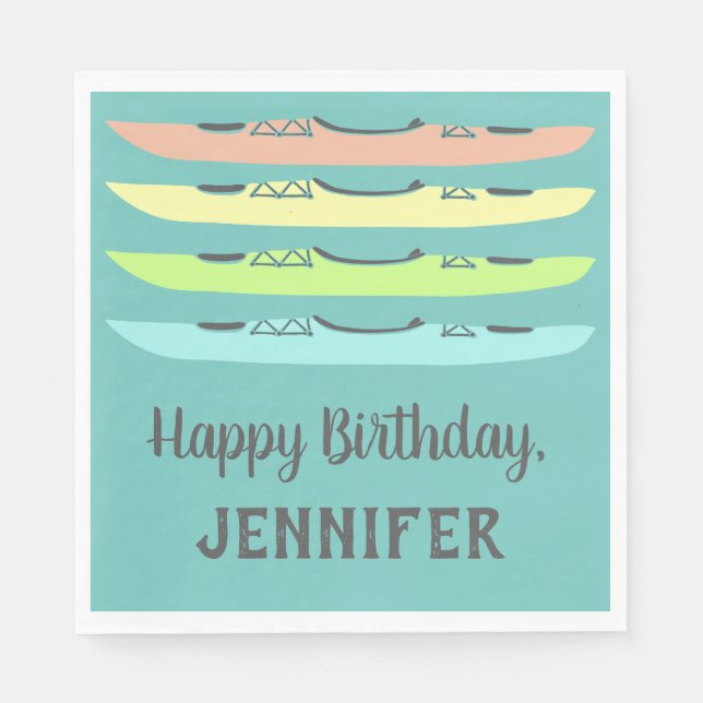 Pastel Kayaks on Teal Kayaking Themed Party Napkins (Front)