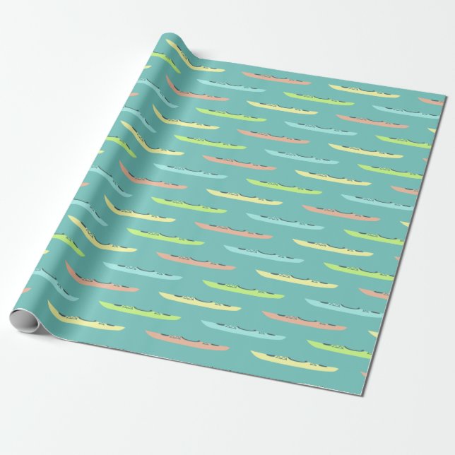 Pastel Kayaks on Teal Kayaking Themed Wrapping Paper (Unrolled)
