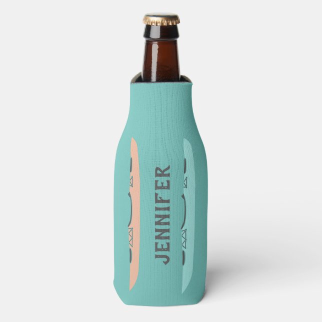 Pastel Kayaks Teal Blue Personalized Bottle Cooler (Bottle Front)