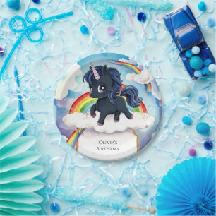 Pastel Kids Black Unicorn Birthday Paper Plates