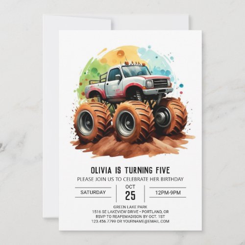 Pastel Kids Monster Truck Birthday Invitation