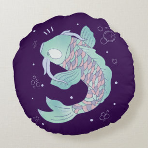 Pastel Koi Fish Whimsical Folk Art Underwater Round Pillow