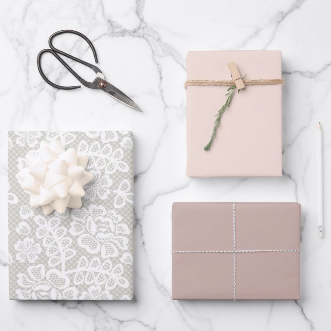 Pastel Lace Pink Beige Grey Wrapping Paper Sheets (Front)