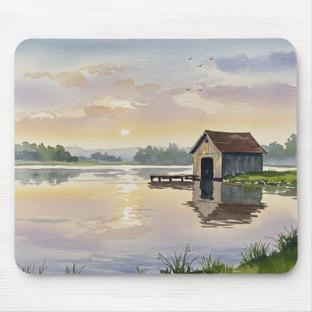Pastel Lake Sunset Dock Cabin Tranquility Mouse Pad (Front)