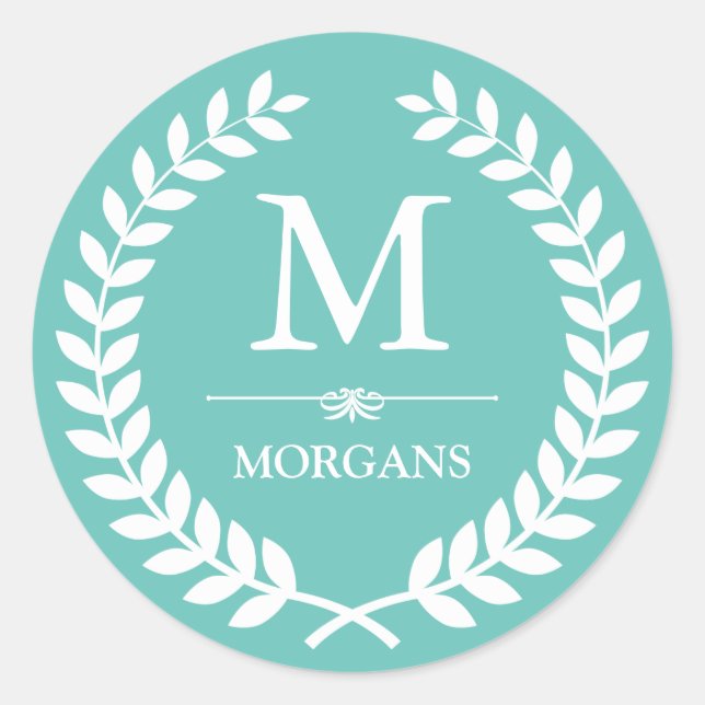 Pastel Laurel Wreath Decor Teal Blue Monogram Classic Round Sticker (Front)