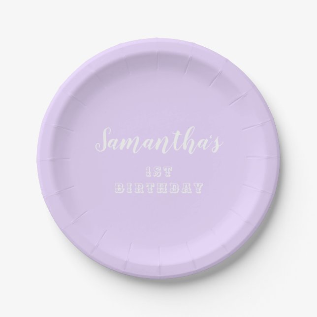 Pastel Lavender 1st Birthday Script Paper Plates (Front)