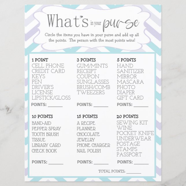 Pastel Lavender and Aqua Zig Whats In Your Purse (Front)