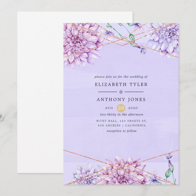 Pastel Lavender and Gold Floral Geometric Wedding Invitation (Front/Back)