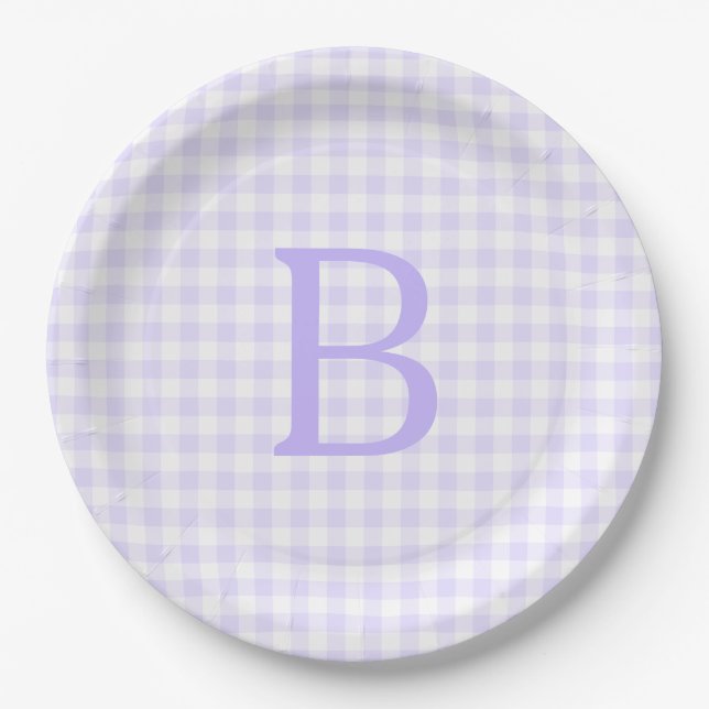 Pastel Lavender and White Gingham Monogram Paper Plates (Front)