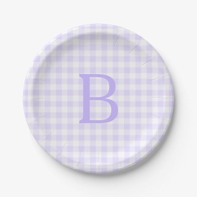 Pastel Lavender and White Gingham Monogrammed Paper Plates (Front)