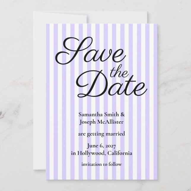 Pastel Lavender and White Stripe Save The Date (Front)