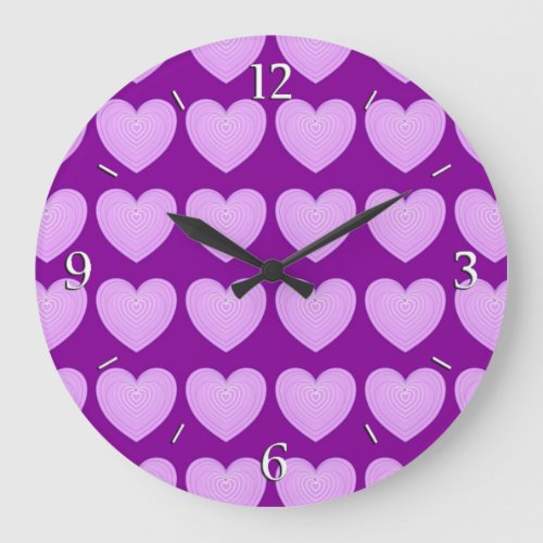 Pastel lavender hearts on a deep purple background large clock