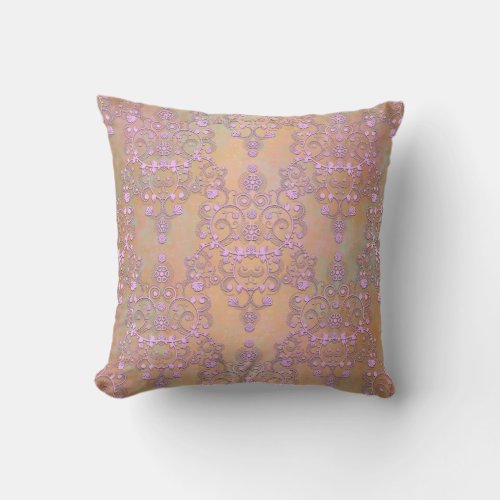 Pastel Lavender over Peachy Gold Lace Damask Throw Pillow