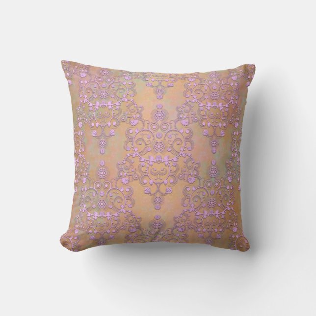 Pastel Lavender over Peachy Gold Lace Damask Throw Pillow (Front)