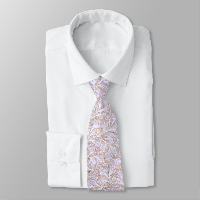 PASTEL LAVENDER-PINK, WHITE AND BEIGE LEAFY DESIGN NECK TIE (Tied)