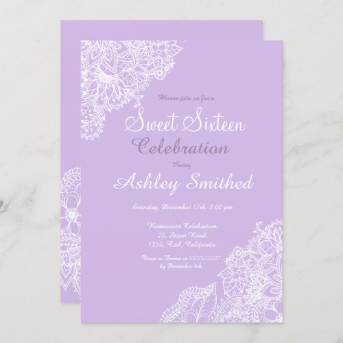 Pastel lavender purple floral lace Sweet 16 Invitation