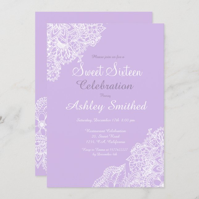 Pastel lavender purple floral lace Sweet 16 Invitation (Front/Back)