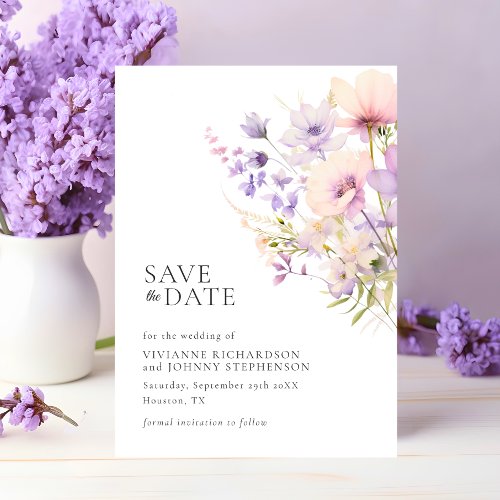 Pastel Lavender Purple Violet Wild Flowers Wedding Save The Date