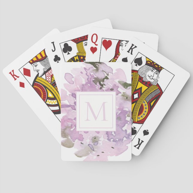 Pastel Lavender Purple Watercolor Flowers Monogram Poker Cards (Back)