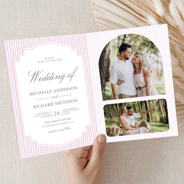Pastel Lavender Striped Photo QR Code Wedding Invitation (Creator Uploaded)