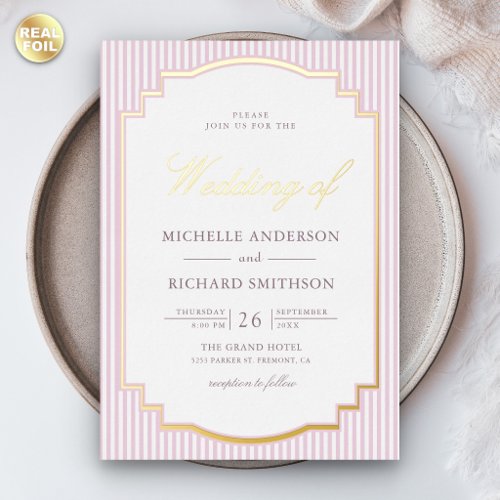 Pastel Lavender Striped Photo Wedding Gold Foil Invitation