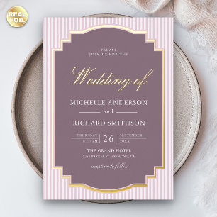 Pastel Lavender Striped Photo Wedding Gold Foil Invitation